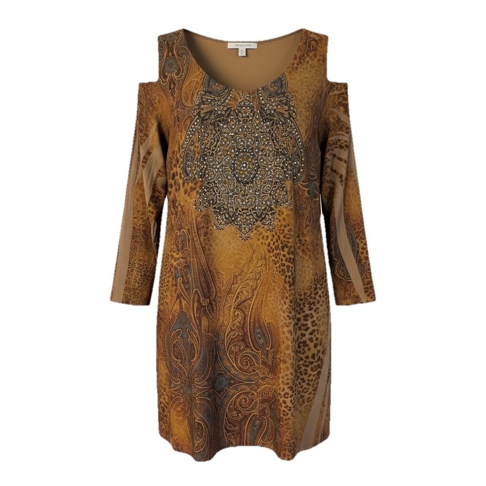 Pretty Women Tunic Top  Size M  Brown/Blue Accents Embellished Cold Shoulder NWT
